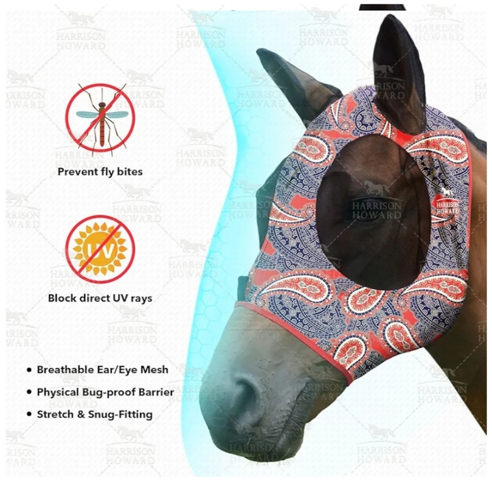 Harrison Howard Horse Fly Protection Horse Stretch Ear Mesh Paisley Mask Nwt